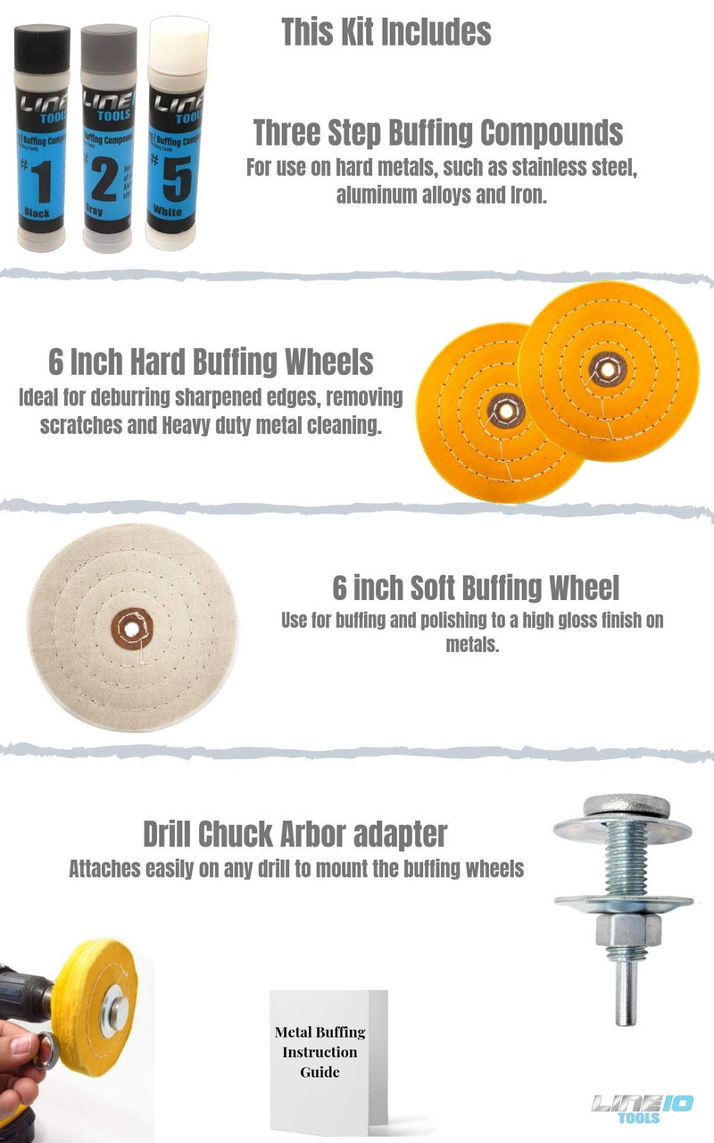 LINE10 Tools 6-Inch Buffing Polishing Wheel Kit for Bench Grinder and Drill, 3-Step Metal Buff Compound, Aluminum, Chrome, Stainless Steel Buffer Drill Adapter Auto Rim Trim Golf Club Restoration - Image 3